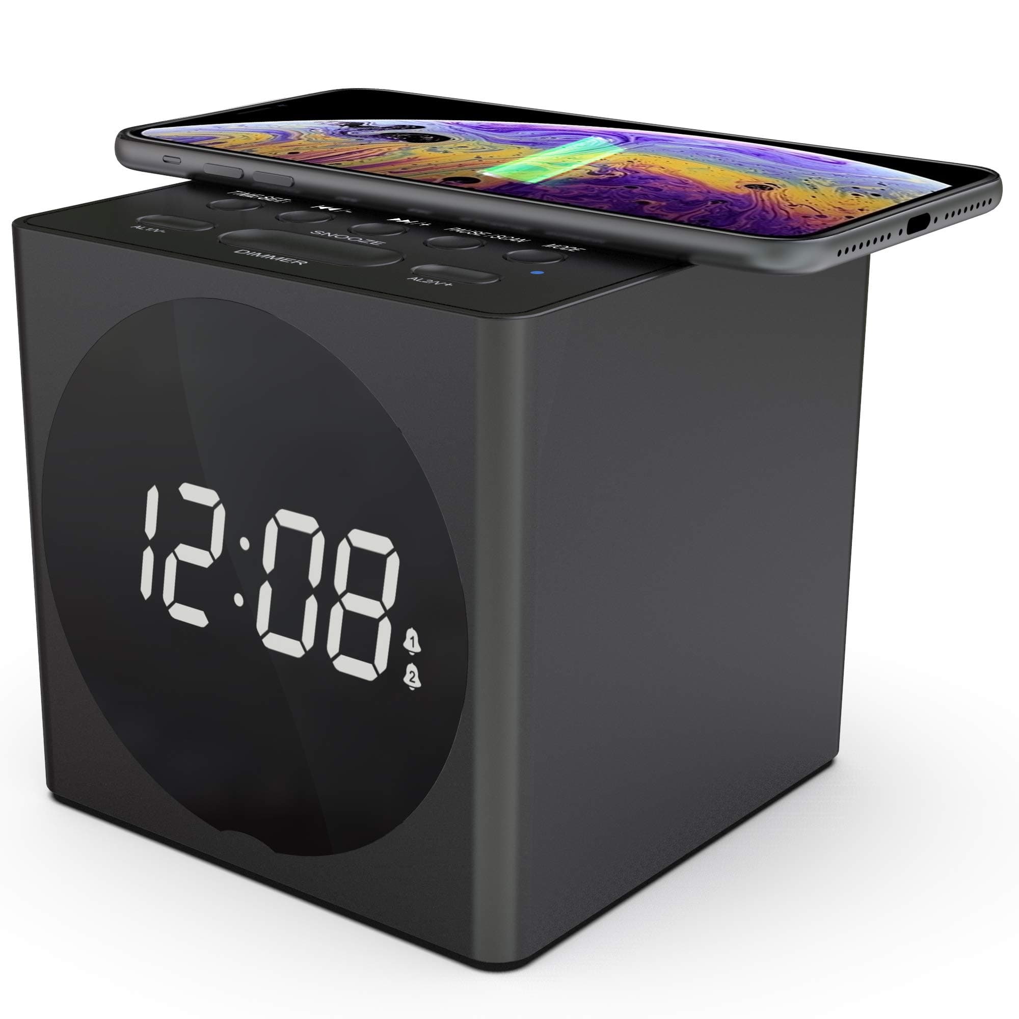 Wireless Charging Dual Alarm Clock with Bluetooth Speaker compatible with iPhone X iPhone 8,USB Charger,Large Dimmable LED Display for Bedrooms,FM Radio, Loud Alarm for Heavy Sleepers, Snooze, Black