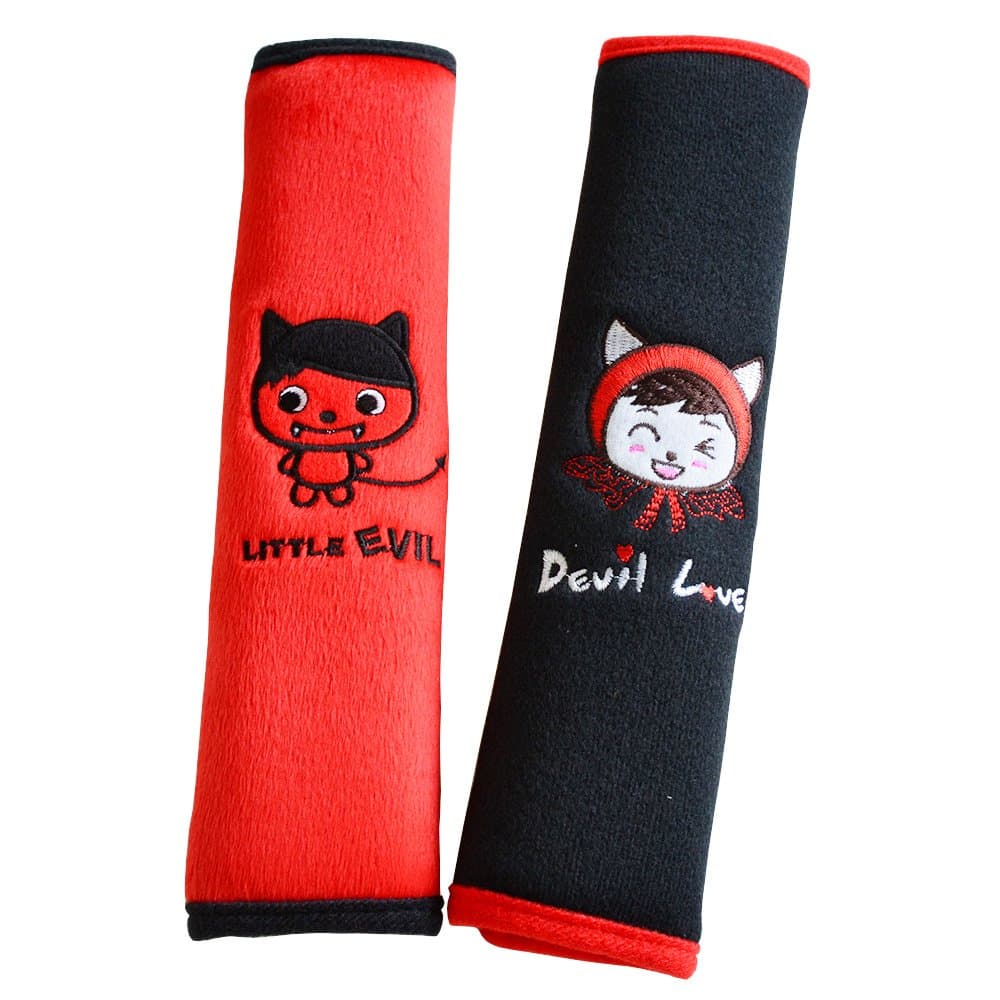 2 Pcs. Black Devil Love and Little Evil Carseat Strap Cover Pad for Babies, Seatbelt Plush Neck Pads Protector for Kids