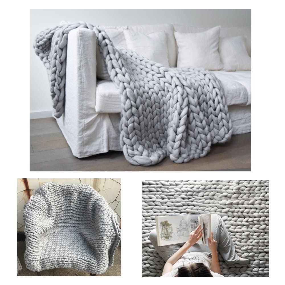 Chunky Wool Blanket Hat Blanket Crochet Arm Kniting Bed Throw Giant Yarn Super Bulky Knitted plaid Knit Thick Anniversary Housewarming Gift (40 x 60 inches- Standard Blanket, light grey)
