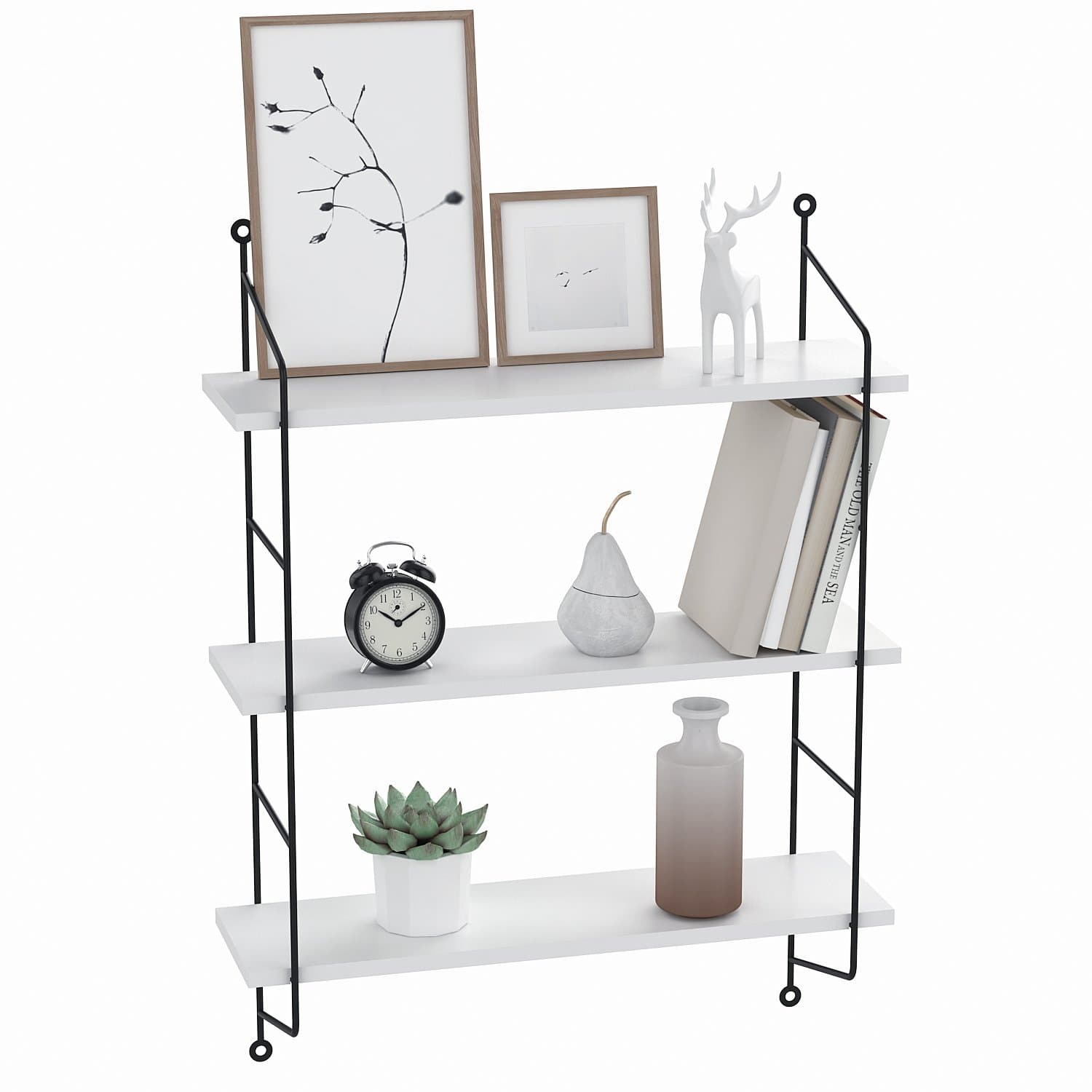 Scallop 3-Tiers Industrial Pipe Wall Mounted Ledge Shelf, Rustic Storage Shelving Bookshelf (White)