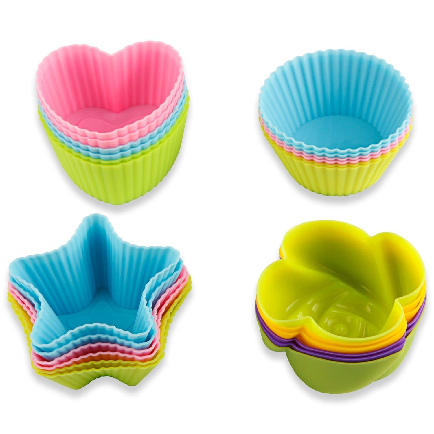 Dionysus Silicone Baking Cups,24 pack Silicone cup Baking Mold Cupcake Moulds Liners cases random colors rose/round/star/heart design