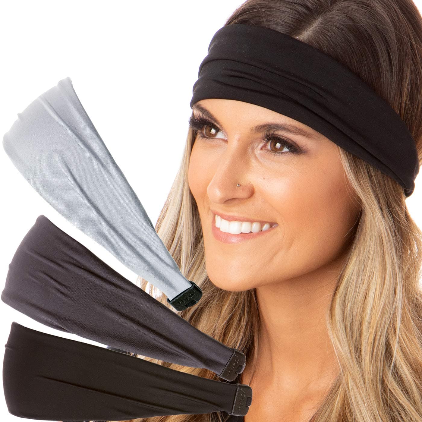 Hipsy Adjustable & Stretchy Basic Xflex Wide Headbands for Women Girls & Teens (3pk Basic Black/Dark Grey/Light Grey)