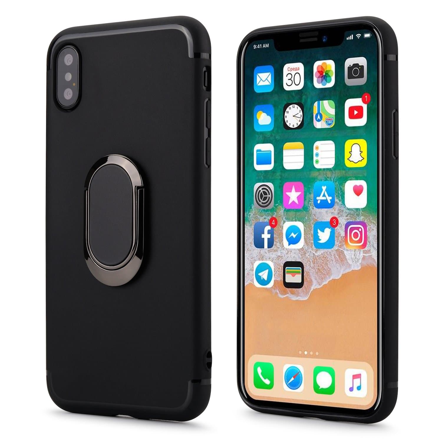 iPhone X case stand, ToGeeKa iPhone X Case Cover with rotating finger ring stand Holder with Anti-Scratch Drop Function, Black