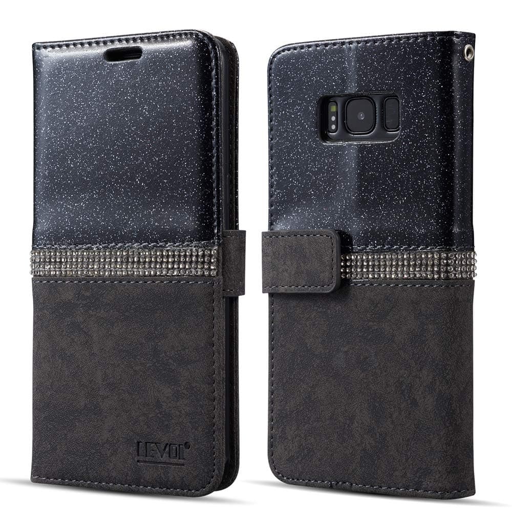 LEVOL Glitter Case for Samsung Galaxy S9 Plus,Bling Diamond Folio Leather Wallet with [Kickstand] [Card Slots] [Magnetic Closure] Flip Slim Case for Samsung Galaxy S9 Plus [Black]
