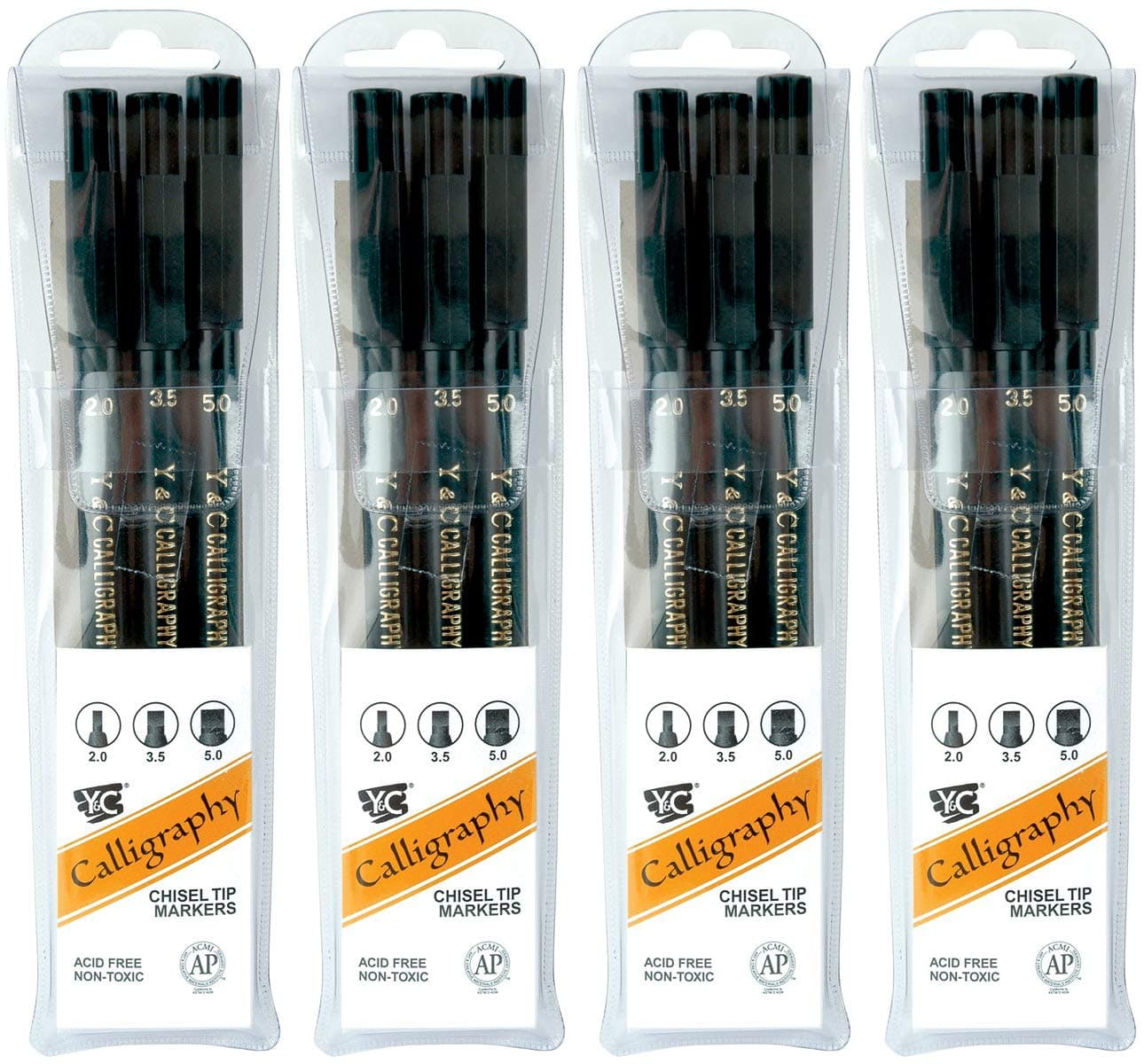 Yasutomo Y and C Water Based Calligraphy Markers, Chisel Tip, Assorted Sizes, Black, Pack of 3-443609 (Fоur Paсk)