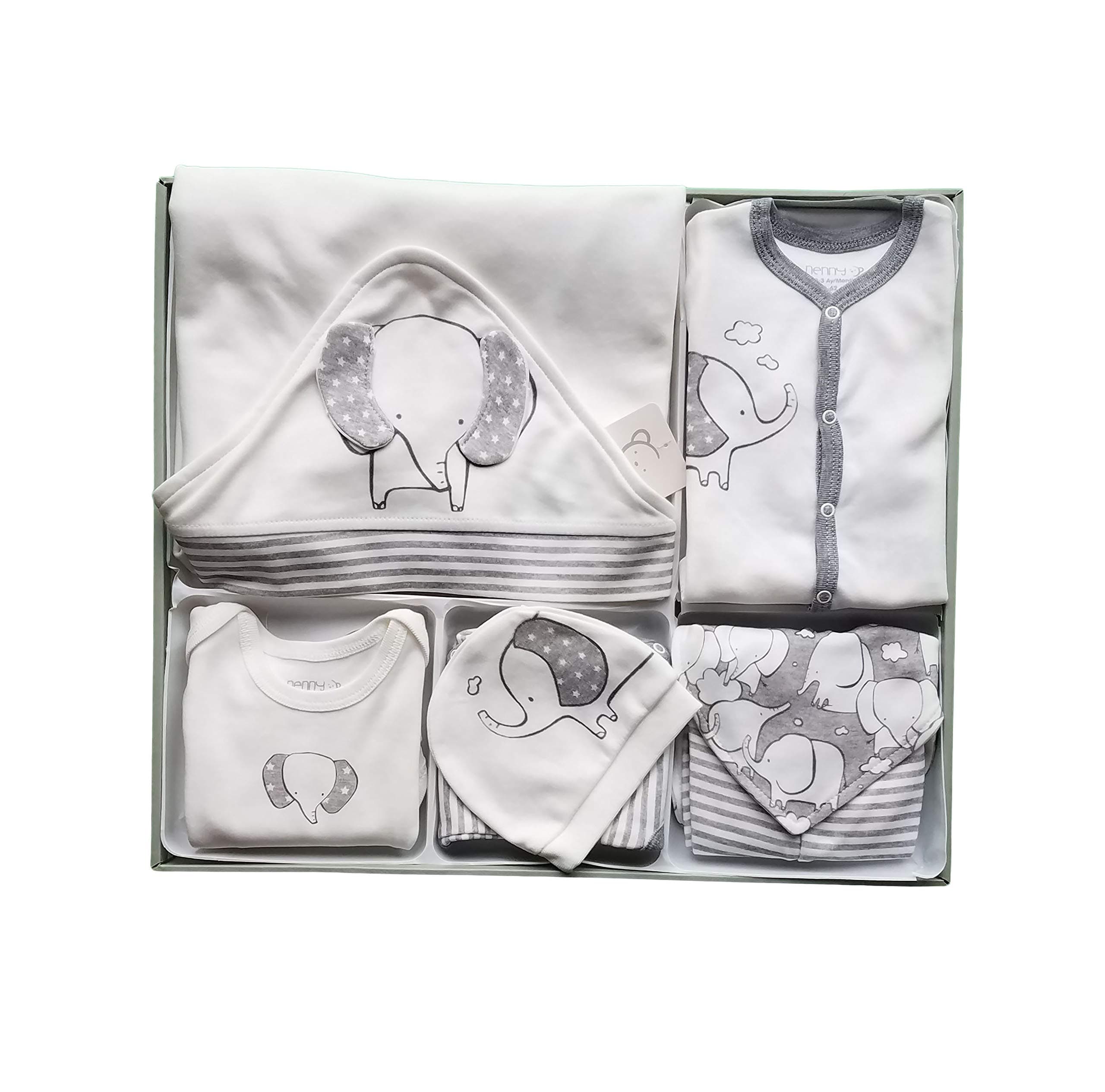 10PC Newborn Baby Layette Gift Set | Basic Essentials for Baby Boys/Girls | Take me Home Outfit | 100% Cotton | Baby Registry White/Grey