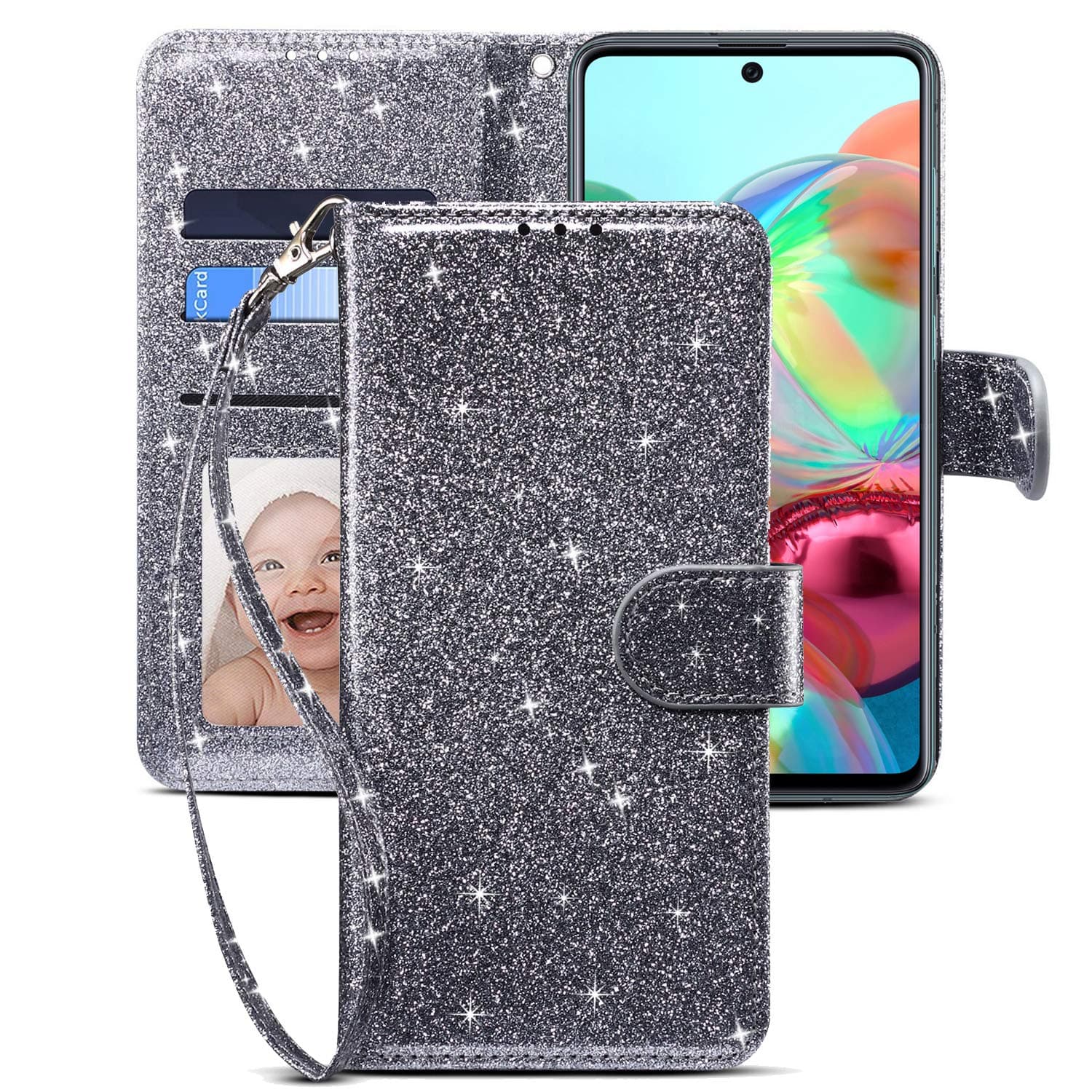 CHICASE Case for Galaxy A71,Samsung A71 Case,Folding Flip Glitter Bling Cute Leather Wallet Shockproof Protective Case with Kickstand Card Slots Wrist Strap Magnetic for Samsung Galaxy A71 (Gray)