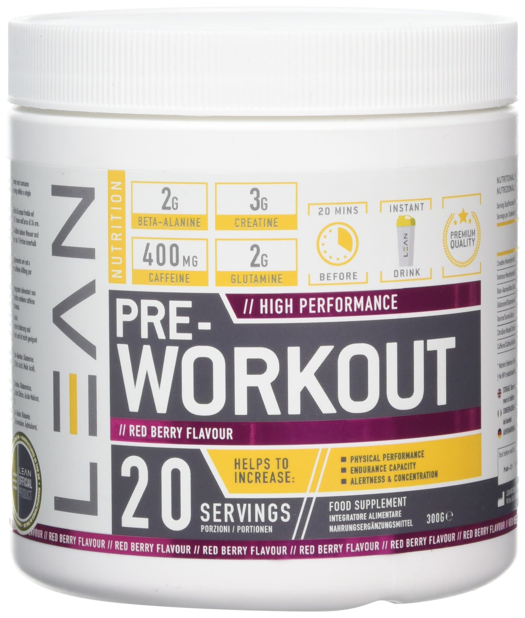 Lean Nutrition Pre Workout Powder with Creatine - Pre Workout Drink Powder for Energy Endurance - 300g Red Berry