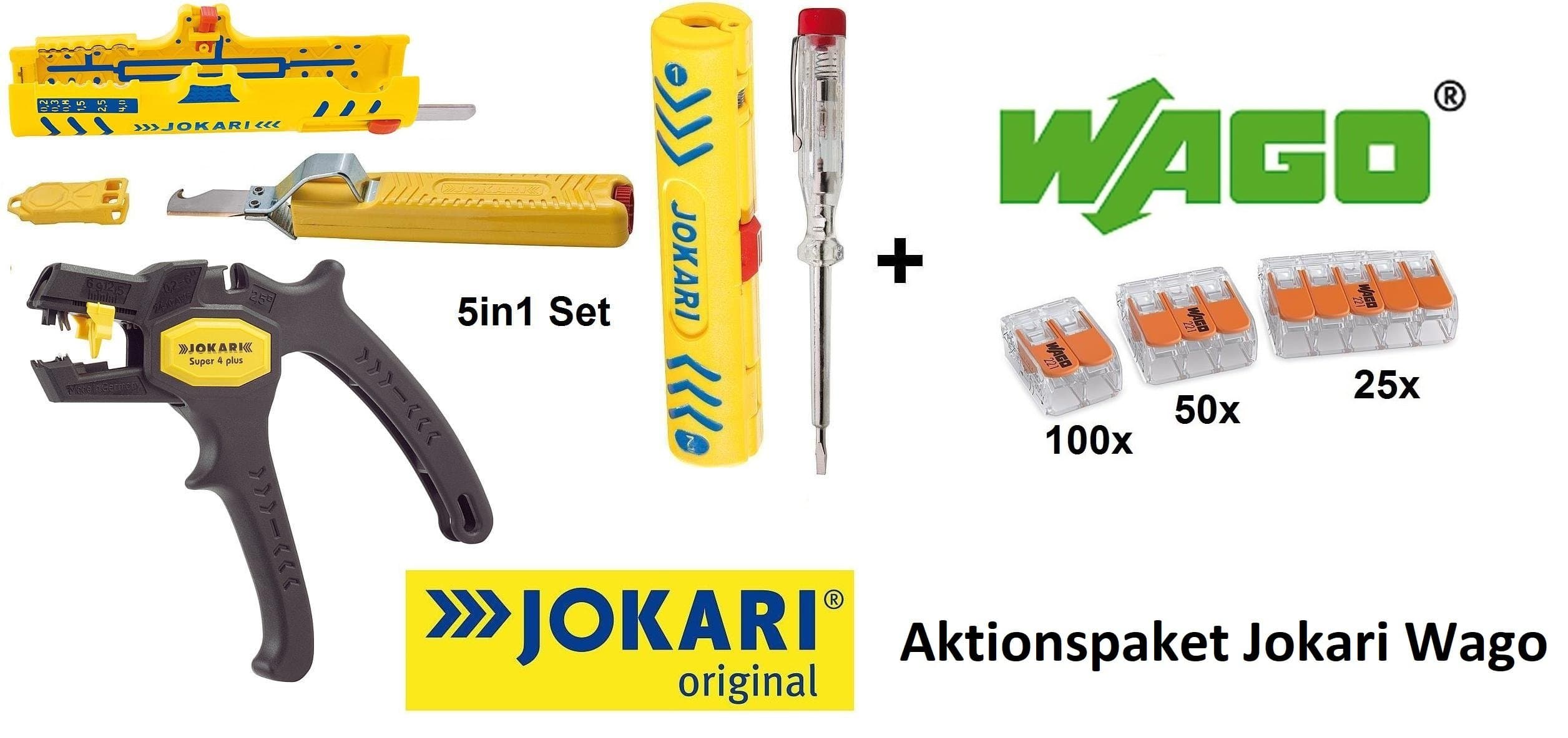 Action Pack WAGO Series 221 Connector Terminals 175 Pieces Includes 1 Jokari T30600 Secura Single No. 1 – JOKARI SECURA Super Stripper No. 15 Light Multi Wire Stripper Super 4 plus – 1x stripping knife with hook blade – and 1 Phase Tester Screwdriver