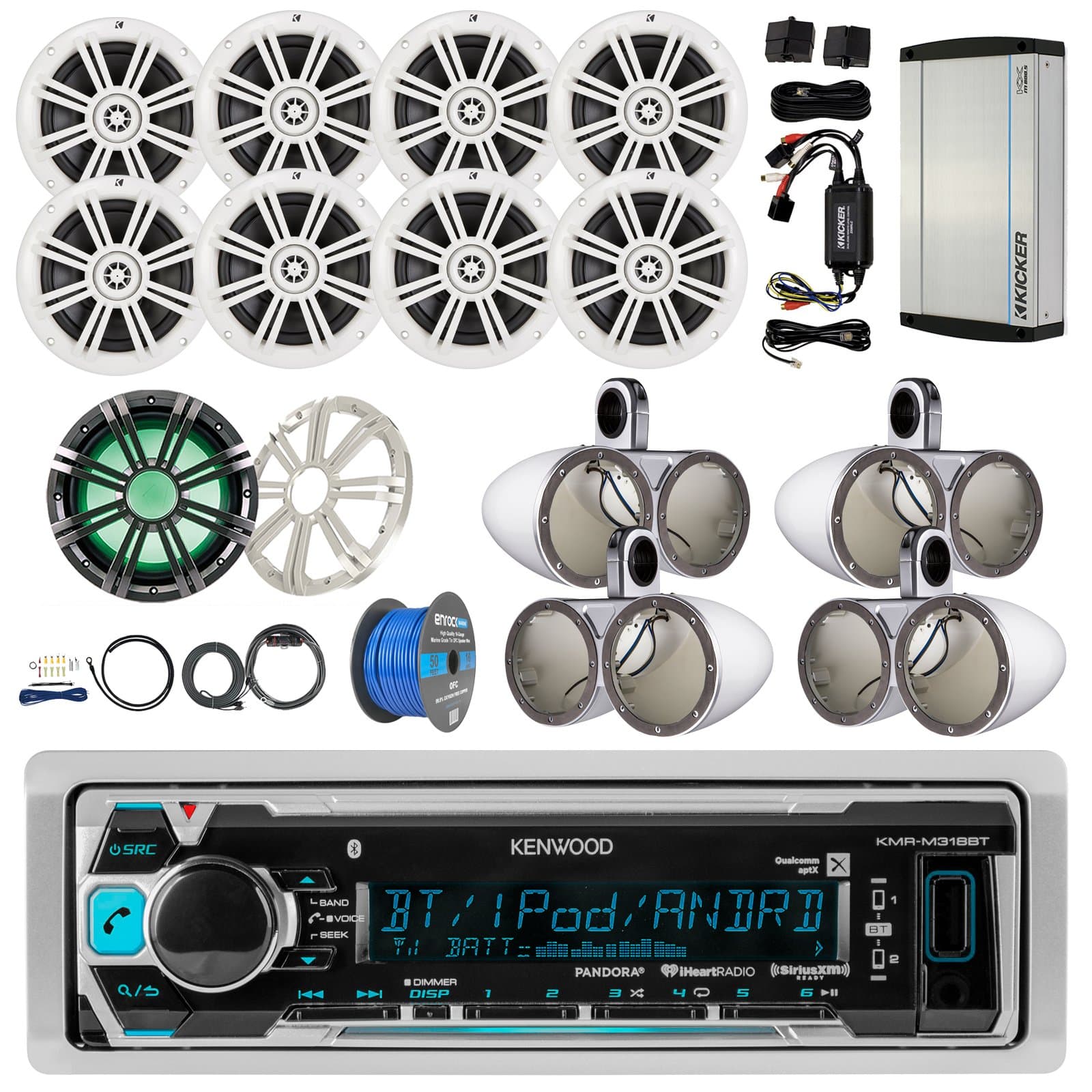 Kenwood Bluetooth Marine Stereo Receiver Bundle Combo + 8X Kicker 6.5" Boat Coaxial Speaker + 8X Enclosures + 10" LED Subwoofer + White Grill + + 5-Channel Amp + Enrock 100ft. Wire