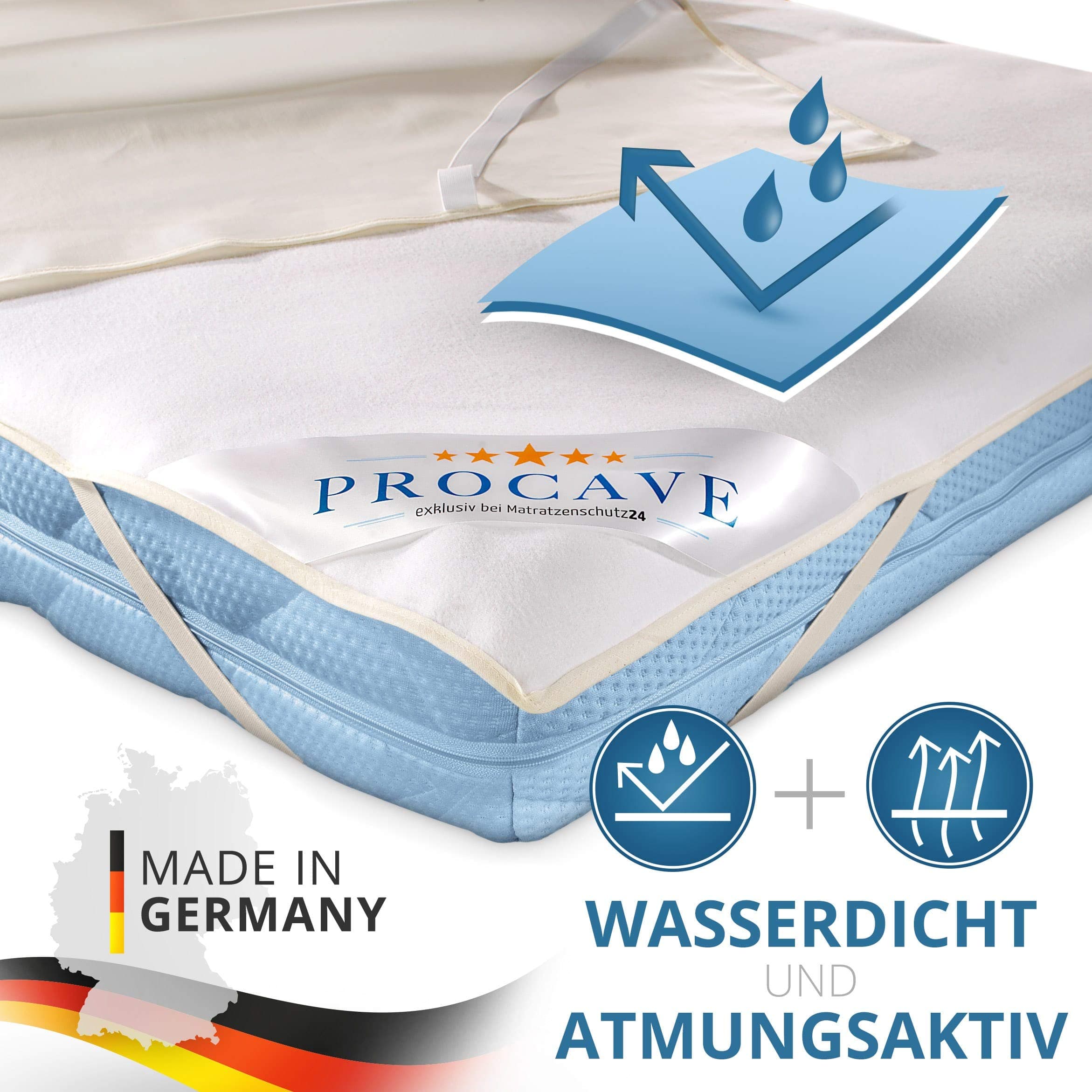 PROCAVE, Waterproof Mattress Protector, Cot Bed Sheets, Water-Resistant Molleton Mattress Cover, Made in Germany, Multiple, 180x200 cm