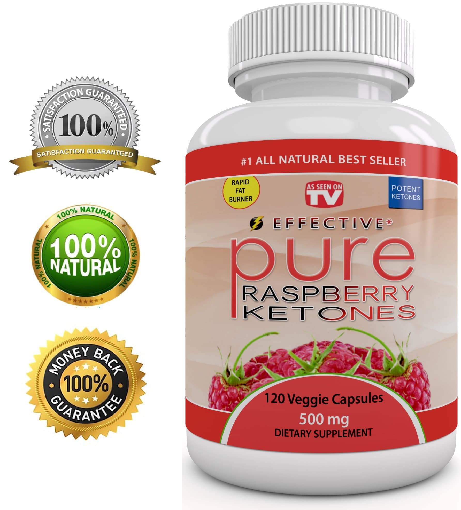 Effective Pure RASPBERRY KETONES - As Seen On TV - RAPID FAT BURNER - Lean Thin Formula - FAST WEIGHT LOSS - 3000 mg Daily - "Pure" POTENT 100% KETONES - Plus Appetite Suppressant - No Diet or Exercise - SAME DAY SHIPPING - 100% LIFETIME GUARANTEE - 120 - Pure Veggie Capsules