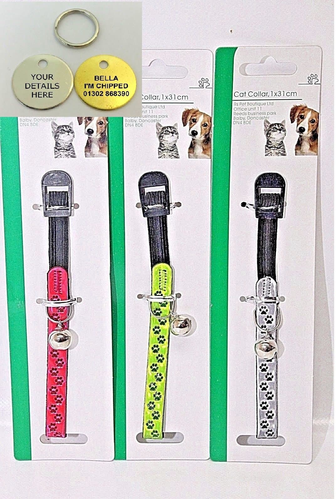 CAT / KITTEN REFLECTIVE PAW COLLAR & PERSONALISED DOUBLE SIDED ID TAG 20mm ID TAG (Pink)