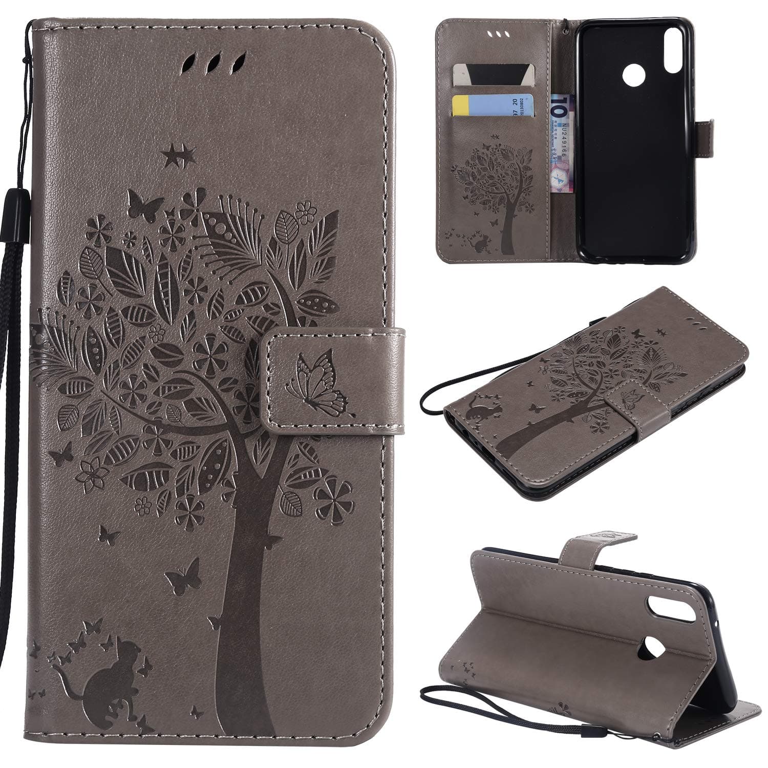 Cmid for Huawei Y9 2019 Case, PU Leather Wallet Case Flip Book Style Protective Cover [Card Slot][Magnetic Closure][Kickstand][Wrist Strap] for Huawei Y9 2019 (A-Gray)