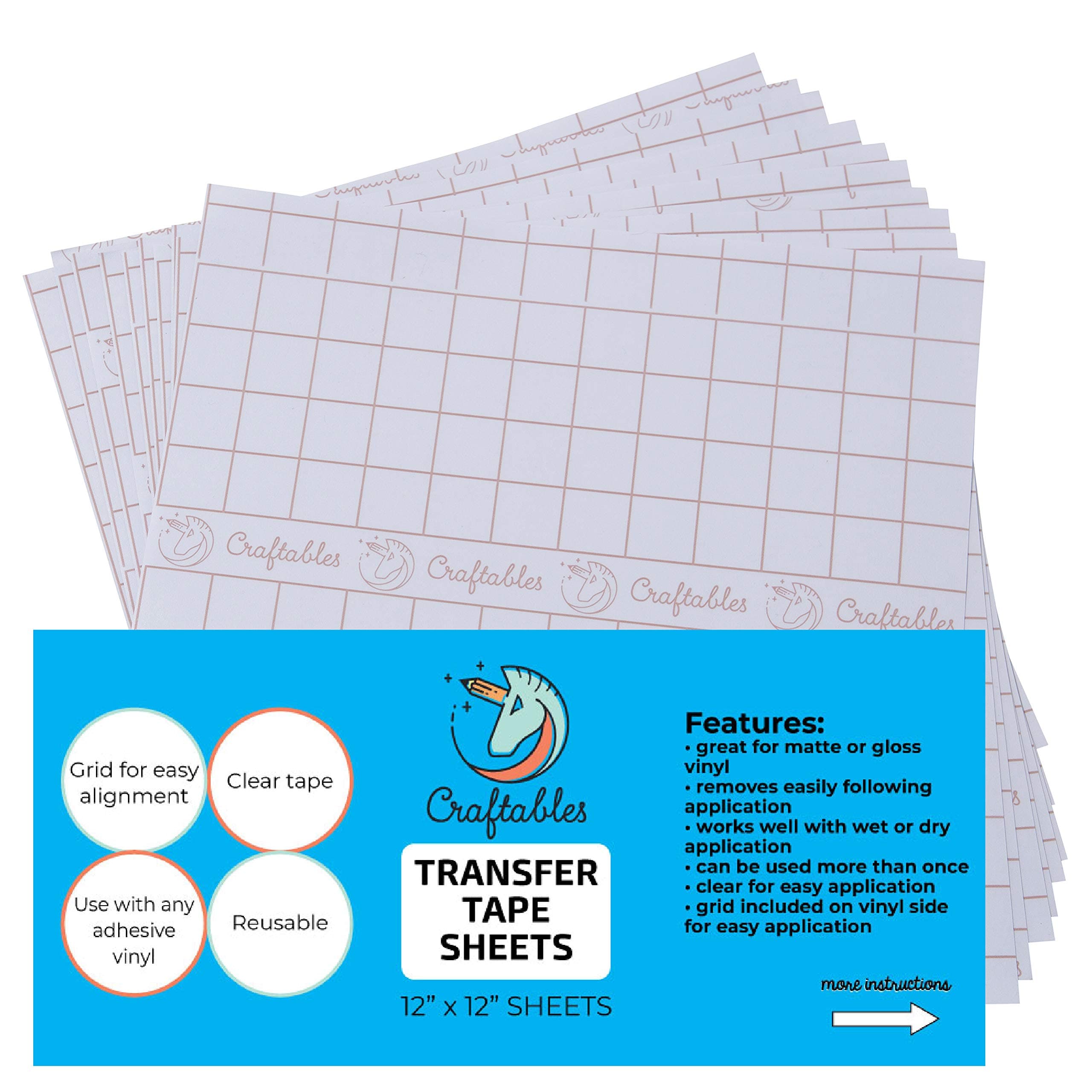 Craftables Clear Vinyl Tranfser Paper Tape Sheets w/Alignment Grid and Easy Release Paper | 12" x 12" (10 Sheets) Application Tape for Cameo, Cricut, Vinyl Decals, Signs, Windows, Stickers