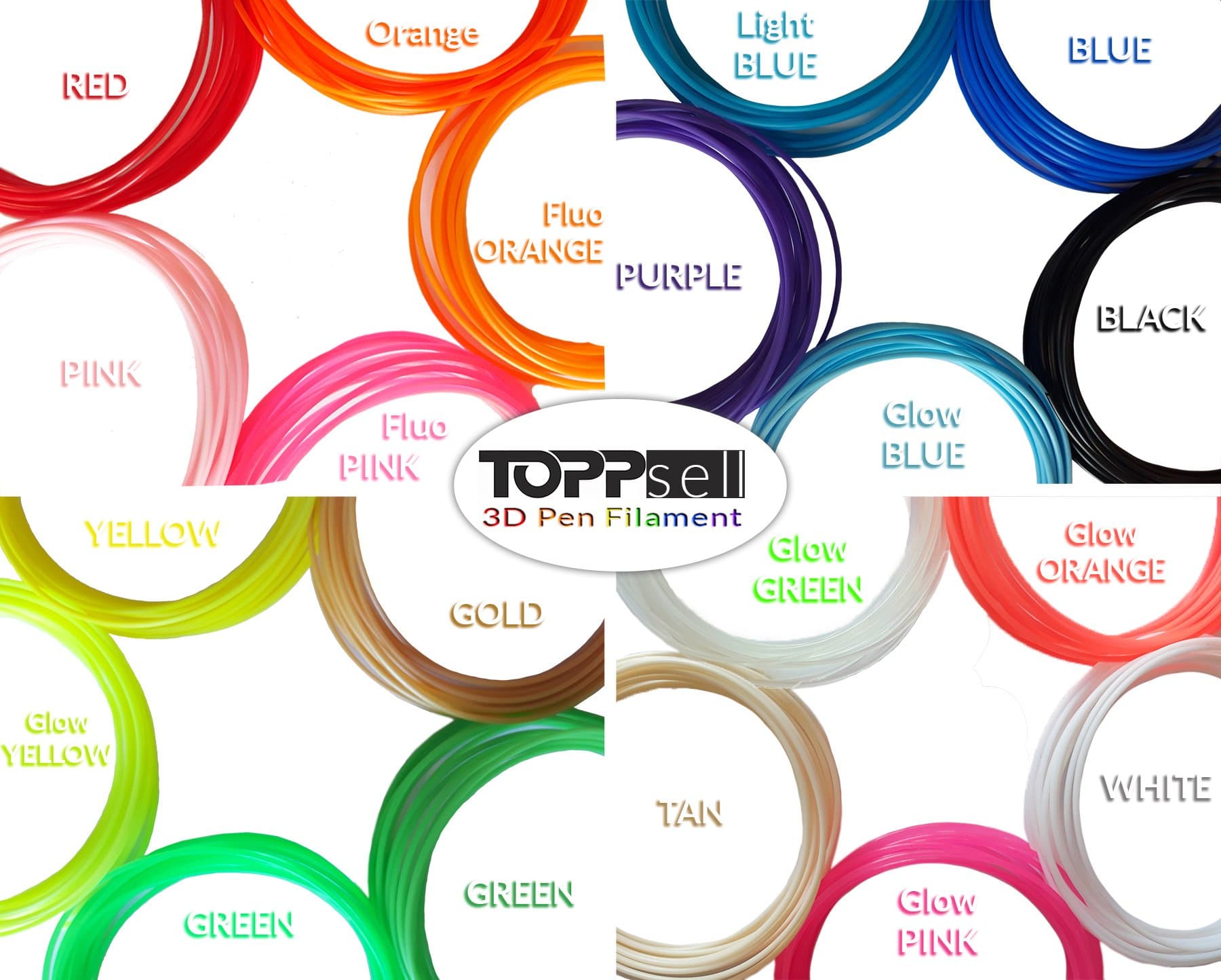 Toppsell 3D Pen 3D Printer PLA Filament Refills, 1.75 mm High-Precision Diameter, 20 Vibrant Colors Including 5 Glow in The Dark, 5 Meter/ 16.4 ft. Each Color