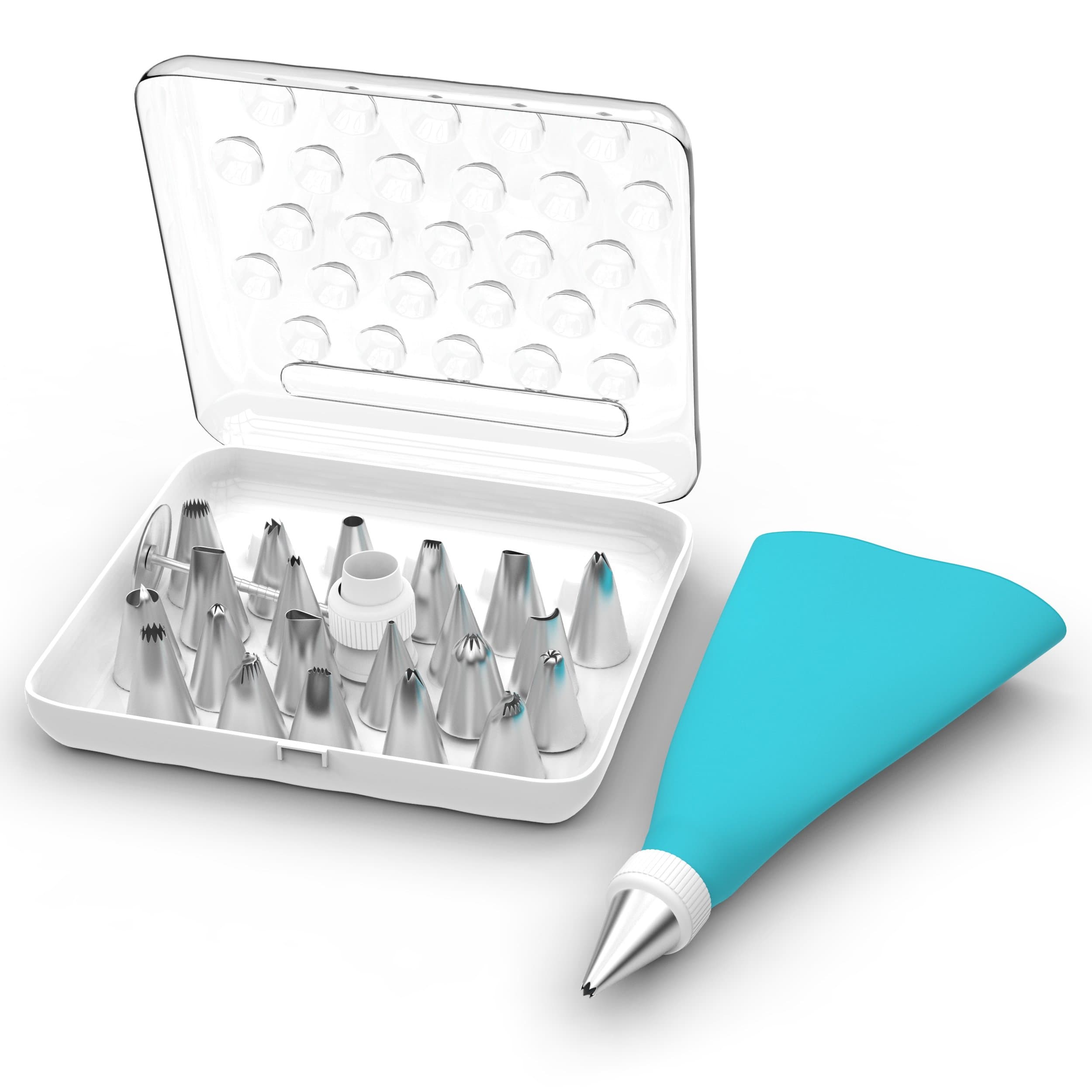 25-Piece Cake Decorating Kit Includes Reusable 15in Silicone Pastry Bag with Coupler and 21 Stainless Steel Icing Tips in a Storage Case