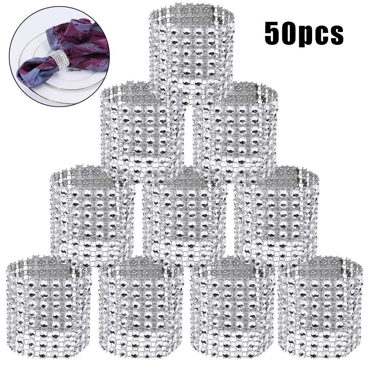 50 Pcs Napkins Ring Set Silver Table Napkin Ring Plastic Round Napkin Ring Holders Shiny Napkin Buckle for Wedding Party Banquet