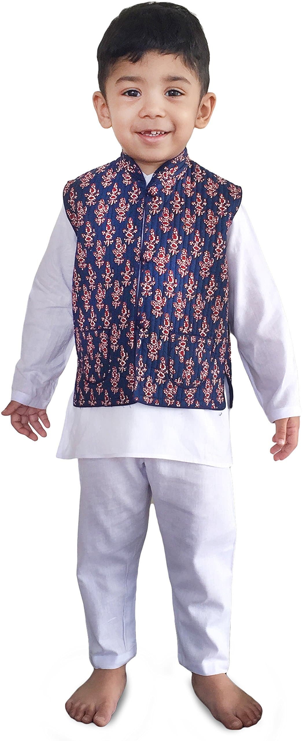 White Kurta Pajama and Printed Double Sided Outer wear Jacket