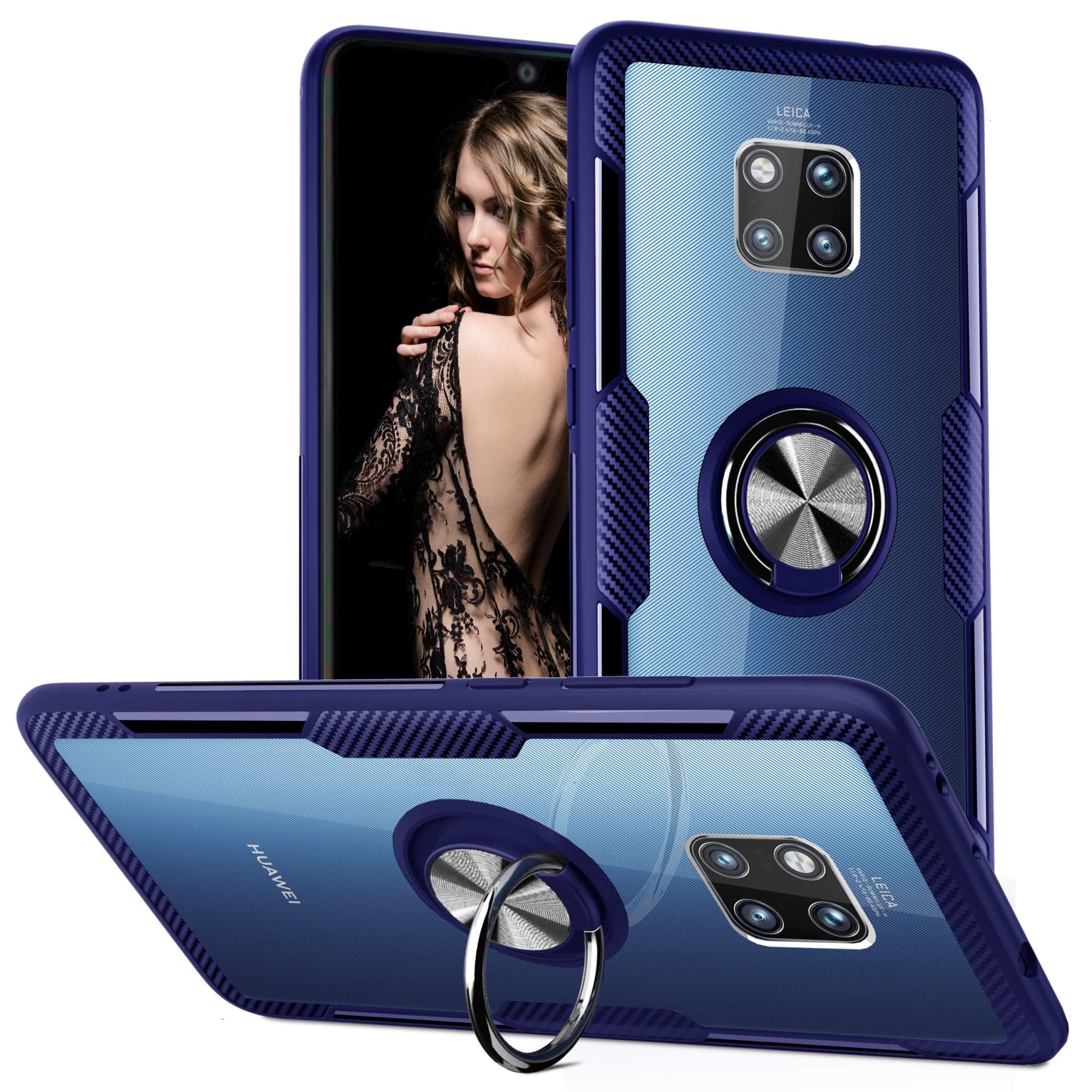 Qseel for Huawei Mate 20 Pro Clear Ring Armor Case, One-Piece Shockproof Cover Hybrid Defender Combined with High-Density TPU Rim, Hard Crystal PC Panel and Built-in Ring Holder (Mate 20 Pro, Blue)