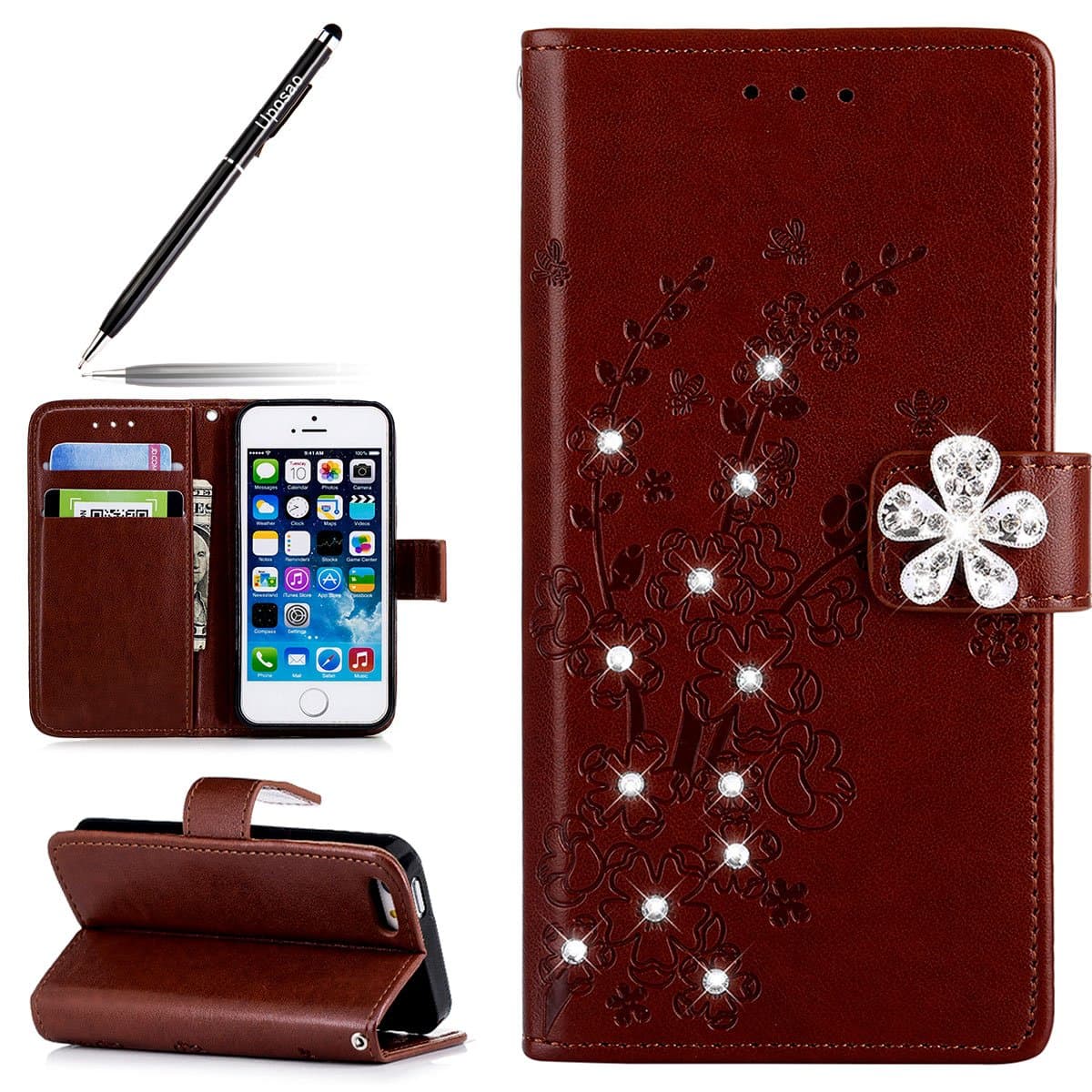 Glitter Case Leather for iPhone SE, Flip Wallet Case Cover for iPhone 5S, Uposao Luxury Glitter Sparkly Diamond Rhinestone Case Floral Butterfly Pattern Grils Women PU Leather Wallet Stand Flip Case