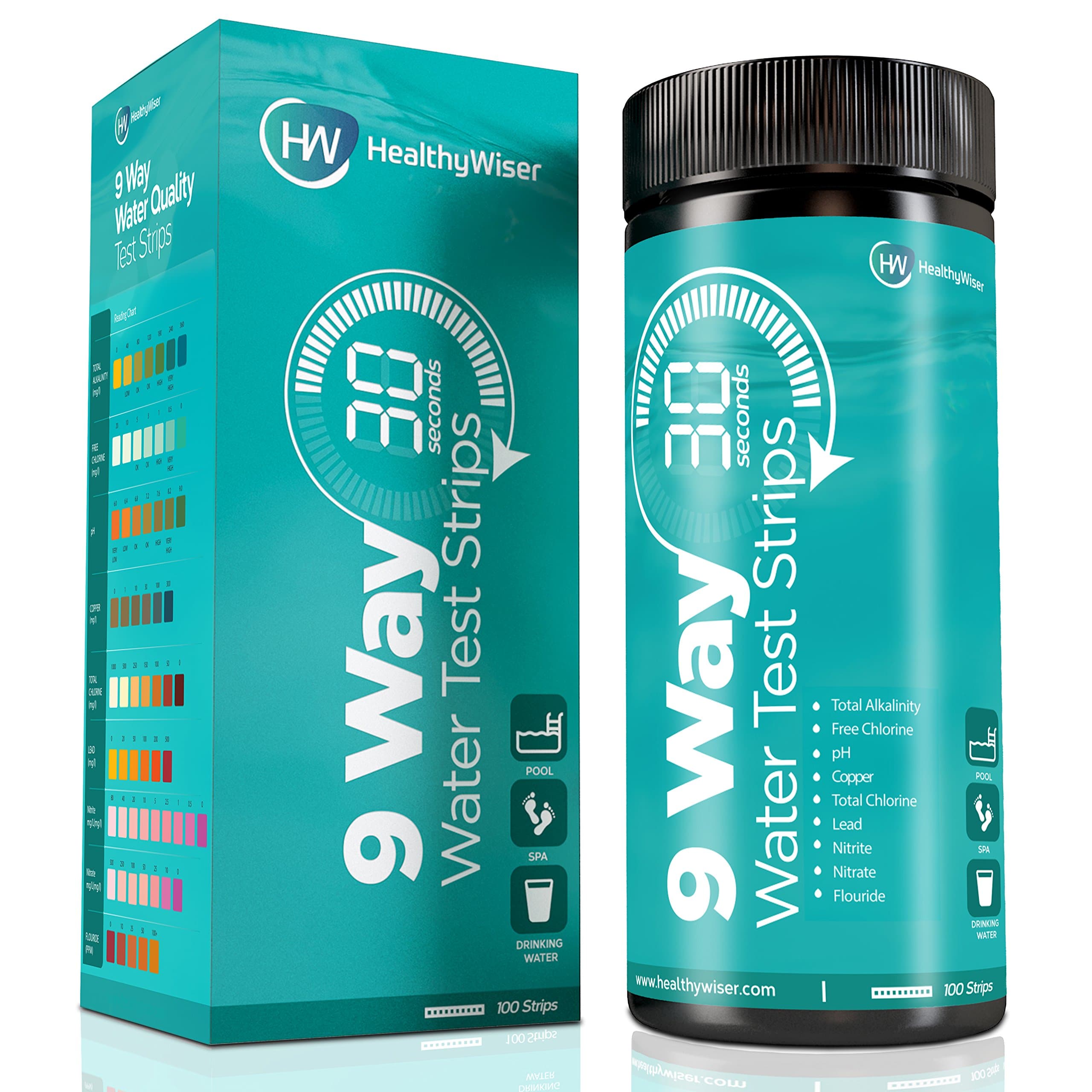 Water Test Kit 9-Way 100ct, Test Strips For Water, Pool, Spa, Water Purifier and Potable Water Sources, Detects, Nitrates, Nitrites, pH, Free Chlorine, Total Hardness and More, 30-Second Results