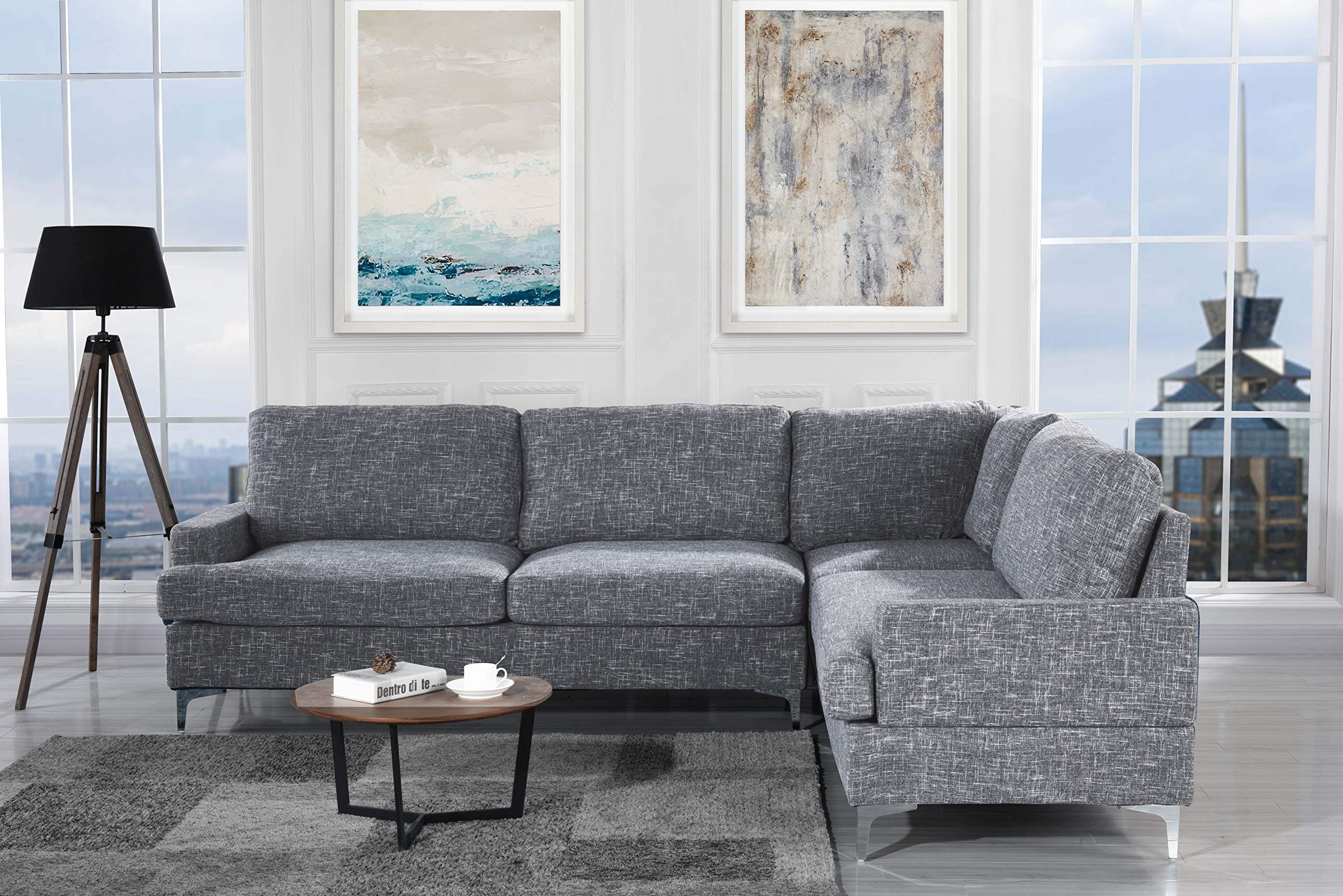 Upholstered 101.5" inch Linen Sectional Sofa, L-Shape Couch (Dark Grey)