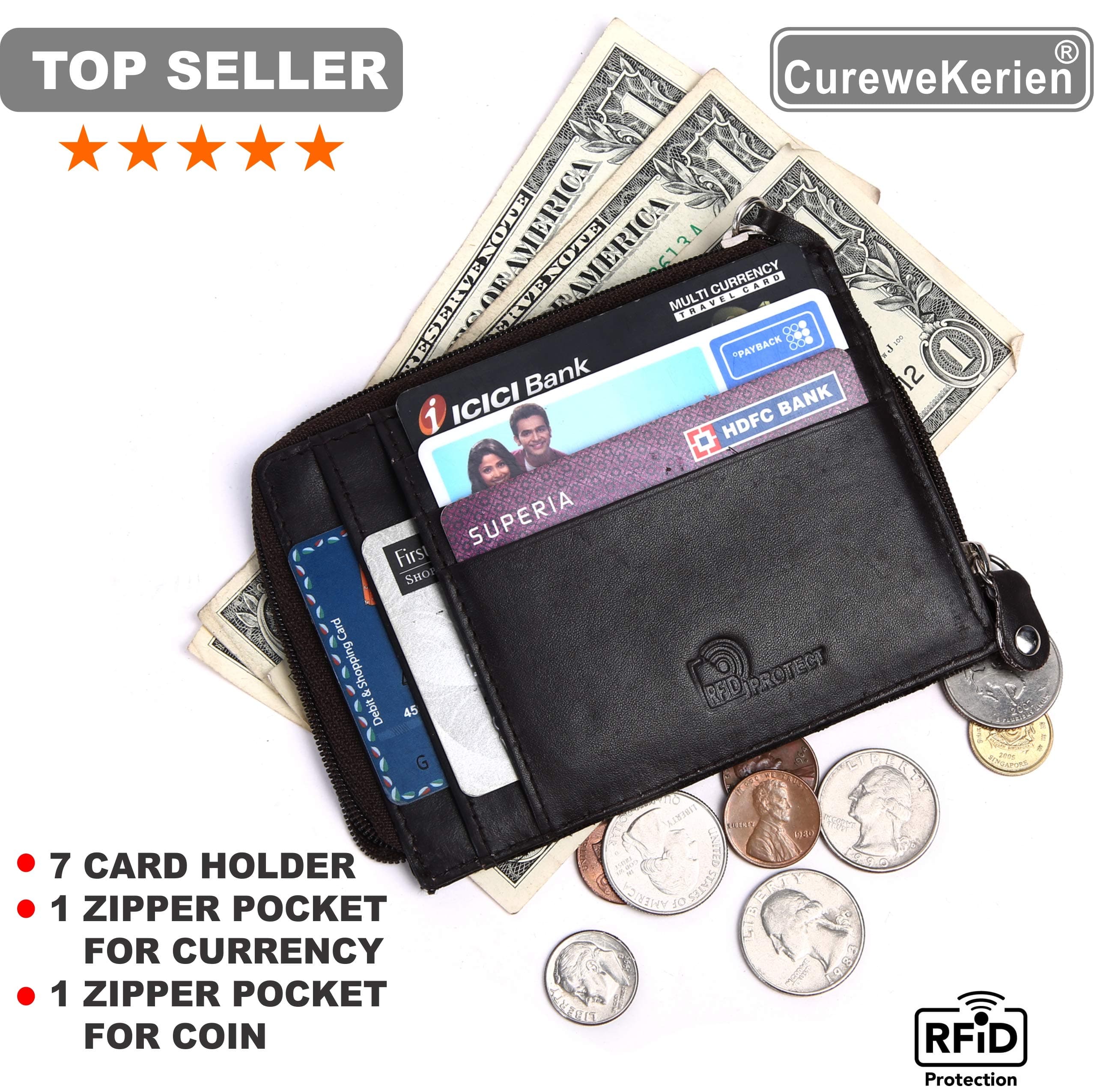 Genuine Leather Credit Card Case Wallet RFID Protected Front Pocket Wallet with 7 Card Holder and Zipper Currency and Coin Pocket (Brown)