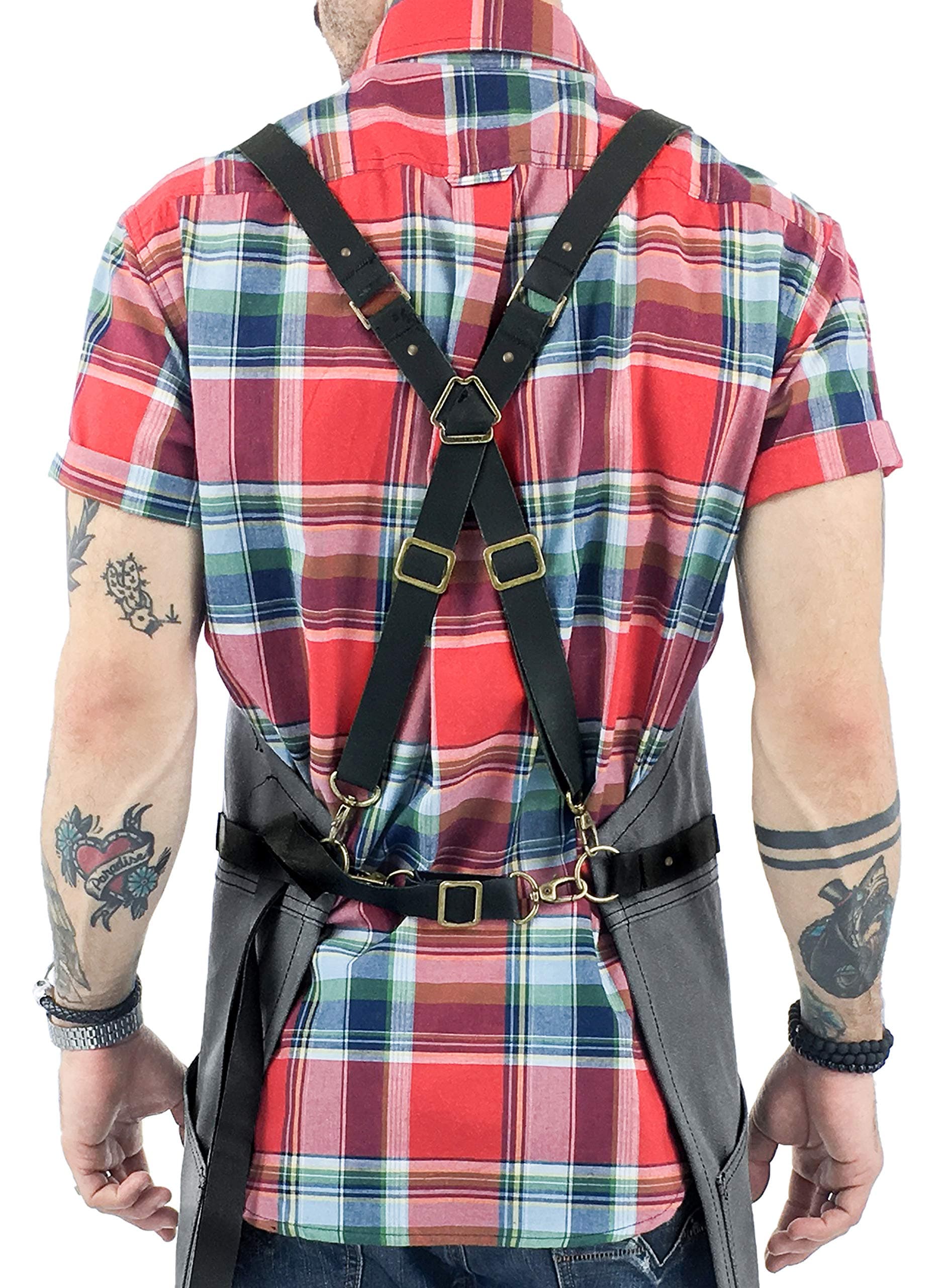 Under NY Sky Cargo Gray Apron – Cross-Back with Leather Straps, Heavy-Duty Waxed Canvas and Split-Leg – Adjustable for Men and Women – Pro Woodworker, Mechanic, Blacksmith, Welder, Artist Aprons