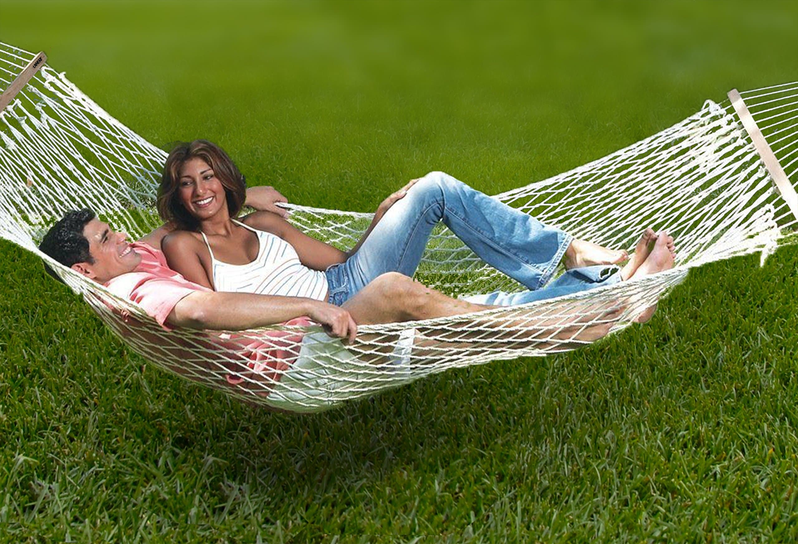 Unvert Extra Heavy Duty Cotton Hammock Double Person Solid Wood Spreader Outdoor W/hook (Cotton- White, HD 2-Person 500L