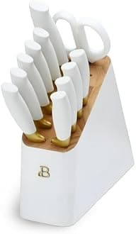 12 Piece Stainless Steel Knife Block Set, Soft-Grip Handles White Icing by Drew Barrymore, STICK RESISTANT