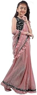 Kids Girls Lycra Blend Saree With Unstitched Sequence Blouse Piece (3-4 yrs to 11-12 yrs) (Pink, 10-11 Years - XL)