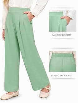 Haloumoning - Girls High Waist Uniform Pants, Wide Leg Dress Pants, Casual Pants with Pockets, 5-14 Years