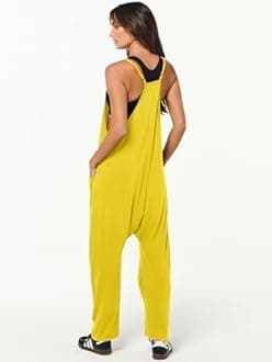 ANRABESS Jumpsuits for Women Casual Summer Overalls Sleeveless Spaghetti Strap Romper Jumpers Trendy Beach Vacation Outfits Yellow X-Large