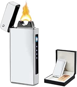 Electric Rechargeable Flameless Windproof Plasma Lighter - Butane Free with High Capacity Battery for Candles (Silver)