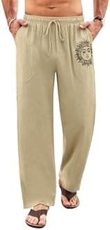 Litthing Mens Linen Trousers Cotton Jogging Bottoms Casual Summer Pants with Pockets Loose Fit Drawstring Trouser Comfortable Lightweight Pant