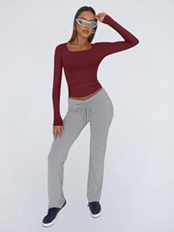 Trendy Queen Womens Long Sleeve Shirts Crop Tops Basic Double Layering Tight Slim Fit Y2K T Shirts Winter Clothes 2024