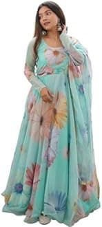 Shasmi Womens Organza Stylish Floral Printed Orgenza Anarkali Ankle Length Dress Gown, Kurta with Dupatta Set Anarkali Gown with Dupatta