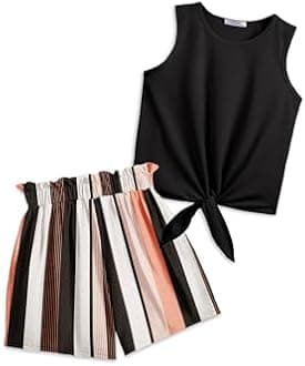 Arshiner Girl's 2 Piece Outfits Summer Tie Knot Tank Top and Paperbag Waist Pocketed Short Sets