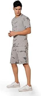 SATPURUSH Men's Soft Cotton Lycra Digital Printed Casual Sleepwear & Loungewear Nightdress, Regular Fit Round Neck Short Sleeves T-Shirts Tops with Classic Pajama Set Pack of 1, Grey, XL