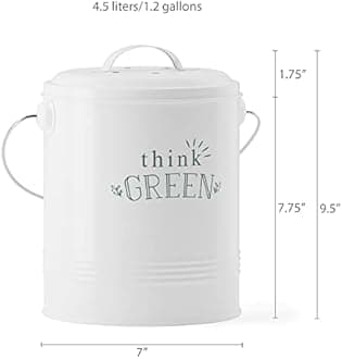 Barnyard Designs Decorative Compost Bin with Lid for Kitchen Countertop, Food Composter Container Can, Small Indoor Compost Trash Bucket, 1.2 Gallon, Galvanized Steel, 7" x 9.5", White