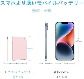 Auskang Mobile Battery, Built-in Cable, Compatible with iPhone 14/13/iPhone SE 3rd Generation/12/11, MFi Certified, 0.1 inch (4 mm), 2,500 mAh Smartphone Charger, Small, Lightweight, Thin, For