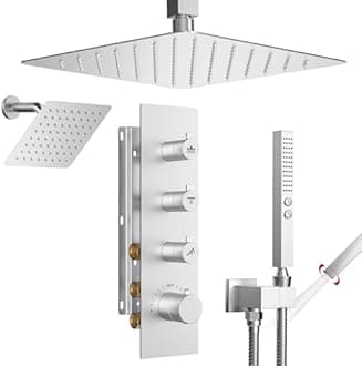 Shower Faucet Set,Thermostatic Shower System,12 Inch Ceiling Mounted and 6 Inch Wall Mount Rain Shower Head with 2 in 1 Handhled,High Pressure Dual Shower Head Combo Set