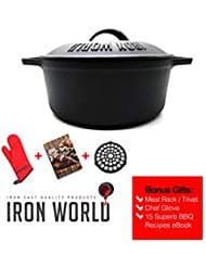 iron cast dutch oven 3.5 quart by iron world - pot with lid pre seasoned and nonstick. iron cookware great for cooking baking frying soup casserole camping. heavy duty rust proof bonus meat rack