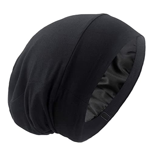 Silk Satin Lined Bonnet Sleep Cap - Adjustable Stay on All Night Hair Wrap Cover Slouchy Beanie for Curly Hair Protection
