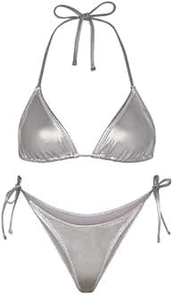 Metallic String Bikini for Women - Sexy Beach Glitter Swimsuits Bathing Suit Triangle Tops Side Tie Thong Bottom Set