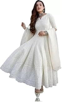 ROYAL EXPORT Women's Cotton Anarkali White Color chikankari suit with Duptta