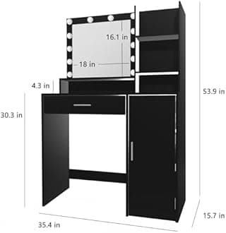 Palimder Vanity Desk with Mirror & Light, Large Drawer & Three Level Storage Dresser, 3 Lighting Modes Adjustable Brightness, Bedroom Dressing Table (Black)