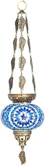 DEMMEX Turkish Moroccan Colorful Mosaic Bohemian Boho Hanging Candle Holder Lantern with Handmade Colorful Glass Globe and Metal Leaf Chains, 60 cm (Blue)