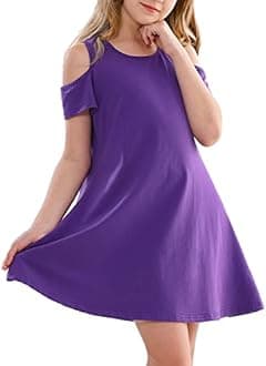 Stelle Girls Short Sleeve Dress Summer Kids Toddler Skater Twirl A Line Solid Color T-Shirt Dress for School Casual 3-12 Y